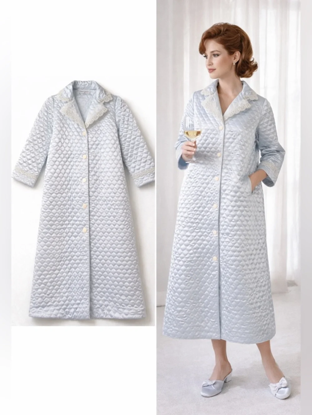 Vintage Dior Junior Quilted Satin‎ Lace Trim Robe Coat Light Blue Hostess 1960s